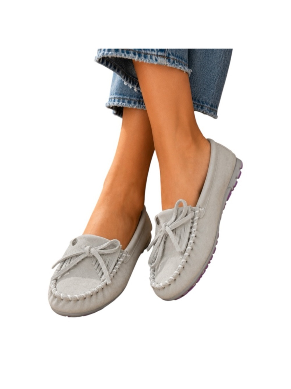 Minnetonka Gray Suede Kilty Moccasin Flats Size 6.5